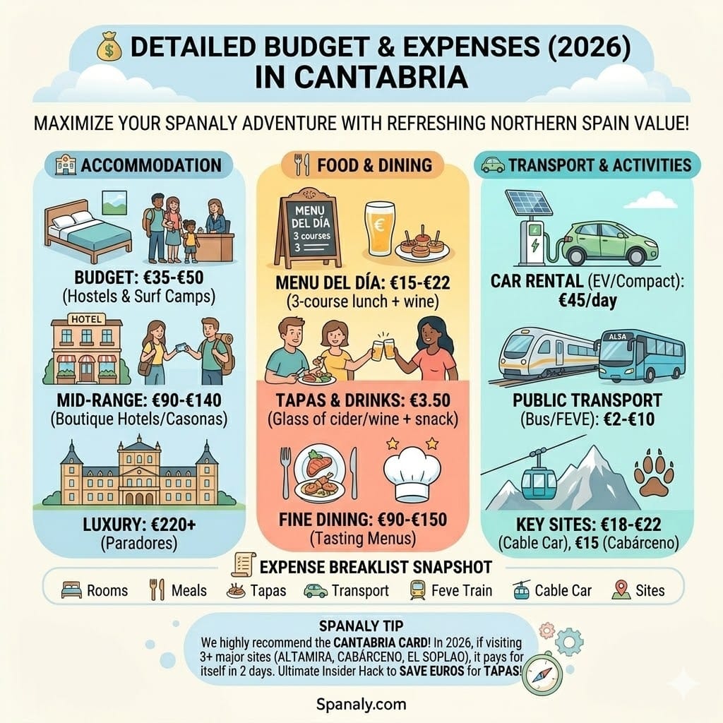 A modern colorful infographic showing a detailed travel budget for Cantabria in 2026. It features three columns: Accommodation (Budget, Mid-Range, Luxury), Food & Dining (Menu del Dia, Tapas, Fine Dining), and Transport & Activities (Car rental, Public transport, Key sites). Includes a checklist and a Spanaly Tip about the Cantabria Card.