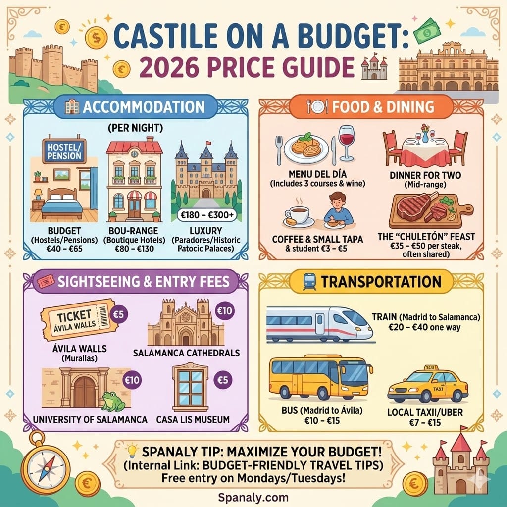 Square 1024x1024 infographic showing the 2026 travel budget for Ávila and Salamanca, including costs for accommodation, dining, monument entry fees, and transportation.