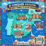 Epic infographic map featured image for a comprehensive travel guide on Zaragoza, Spain. It highlights major landmarks, cultural experiences, gastronomy, and tactical logistics using distinct icons, all within a colorful and vibrant flat vector illustration style.