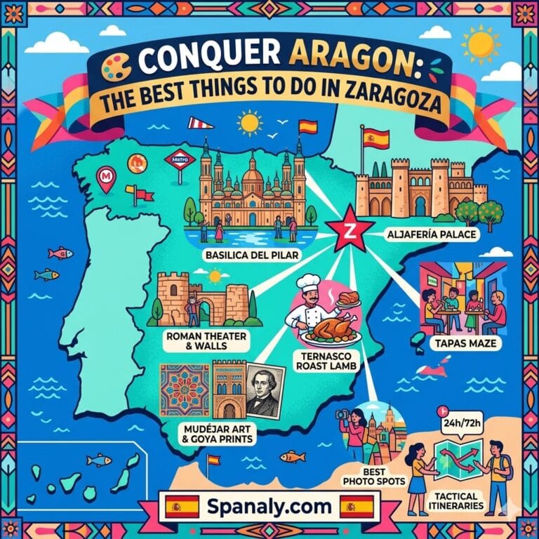 Epic infographic map featured image for a comprehensive travel guide on Zaragoza, Spain. It highlights major landmarks, cultural experiences, gastronomy, and tactical logistics using distinct icons, all within a colorful and vibrant flat vector illustration style.