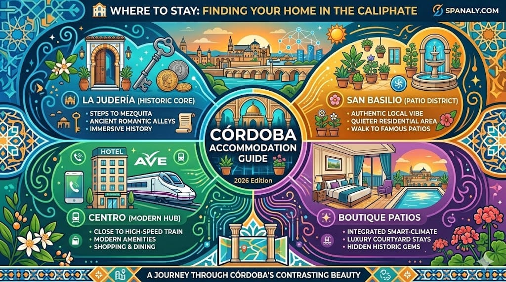 Infographic guide to the best neighborhoods in Córdoba 2026 including La Judería, San Basilio, and the modern city center - Spanaly.com