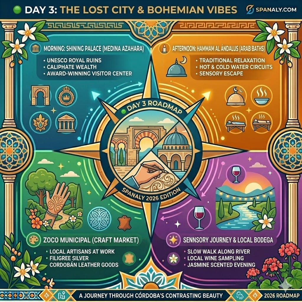 Infographic roadmap for Day 3 in Córdoba featuring Medina Azahara ruins, Hammam Arab baths, and the Zoco artisan market - Spanaly.com 2026 Guide.