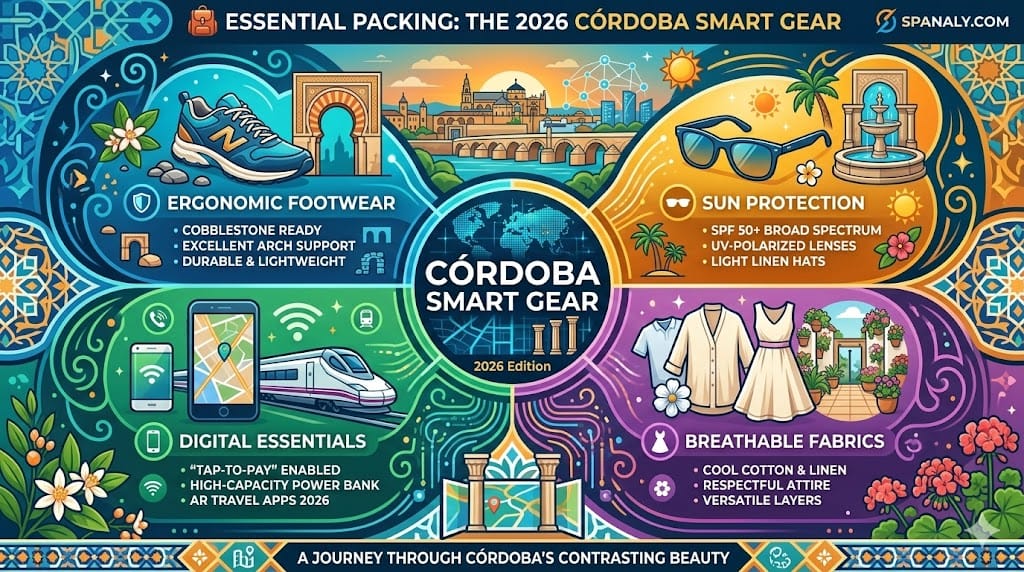 Colorful infographic showing essential travel gear for Córdoba 2026 including ergonomic shoes, sun protection, and digital travel tools - Spanaly.com