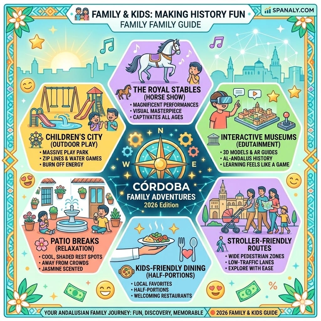 Bright infographic for families in Córdoba 2026 showing kid-friendly activities like horse shows, interactive museums, and stroller-friendly routes - Spanaly.com