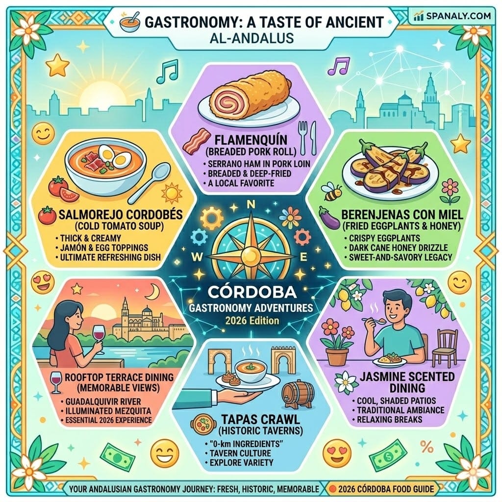 Bright infographic of Córdoba's traditional food in 2026 featuring Salmorejo, Flamenquín, and Fried Eggplants with honey - Spanaly.com Gastronomy Guide.