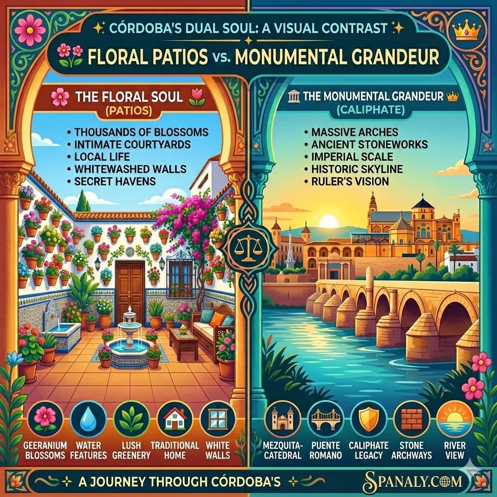 Infographic comparing Córdoba's floral patios in San Basilio with the monumental Roman Bridge and Mezquita skyline - Spanaly.com 2026 Travel Guide.