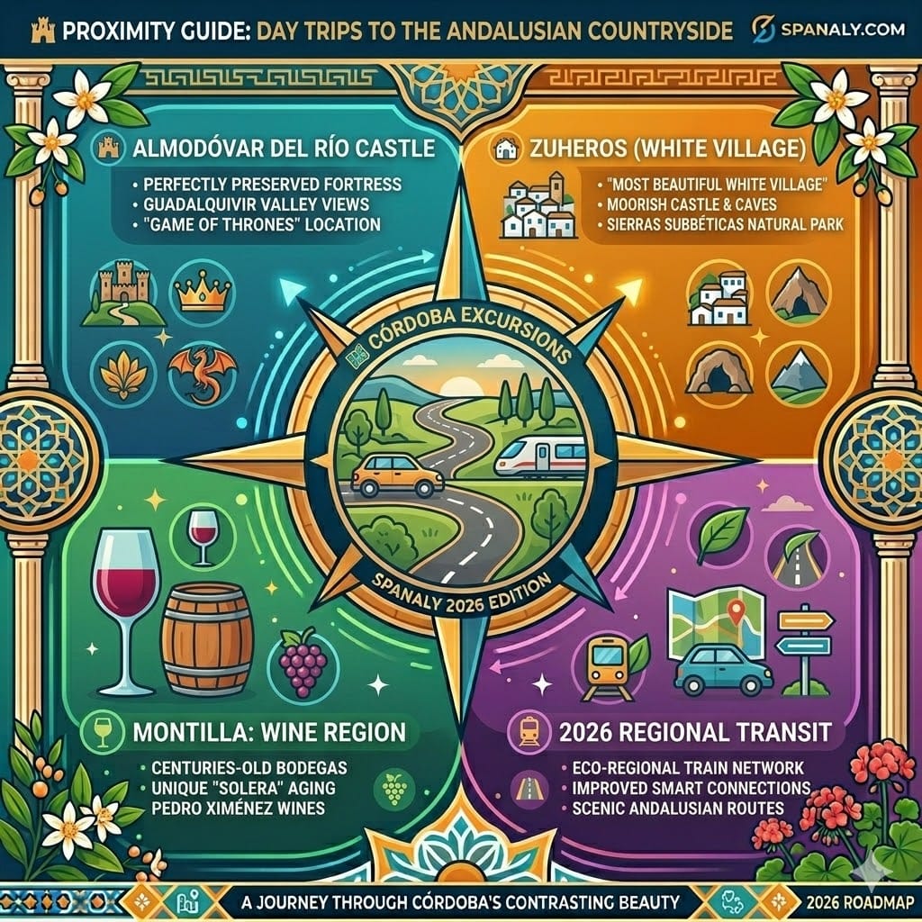 Infographic for day trips from Córdoba 2026 featuring Almodóvar Castle, Zuheros white village, and Montilla wine region - Spanaly.com