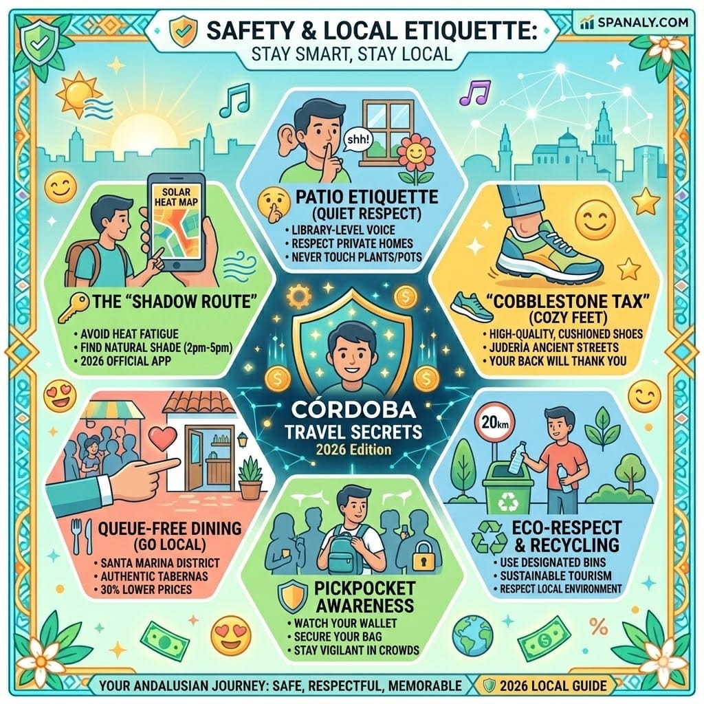 Bright infographic with 2026 Córdoba travel tips: solar shadow routes, patio etiquette, comfortable footwear for cobblestones, and local dining advice - Spanaly.com Guide.