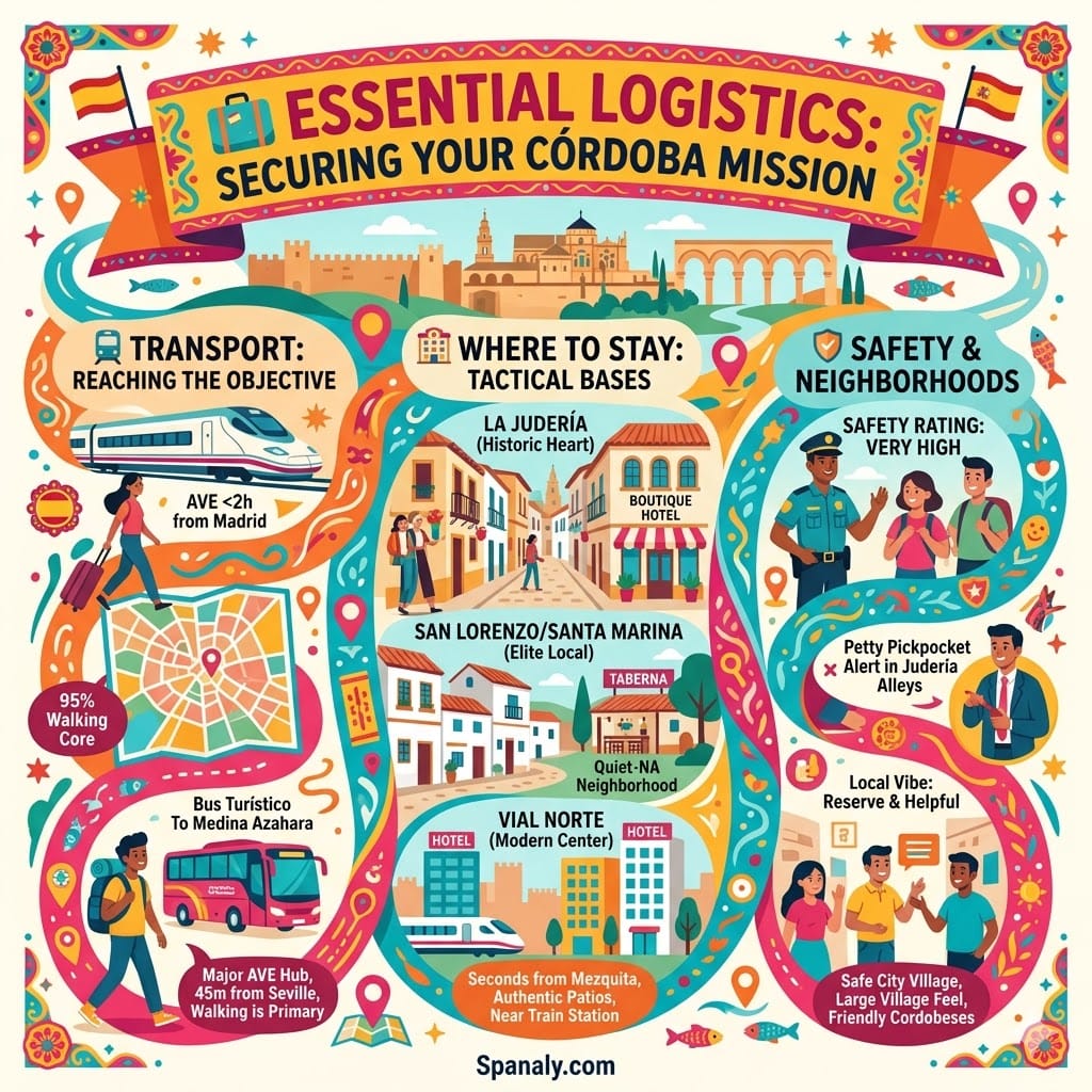 Vibrant organic flow infographic illustrating Córdoba's essential travel logistics, covering transport via AVE high-speed train and walking, best areas to stay in La Judería or San Lorenzo, and safety information with local tips.