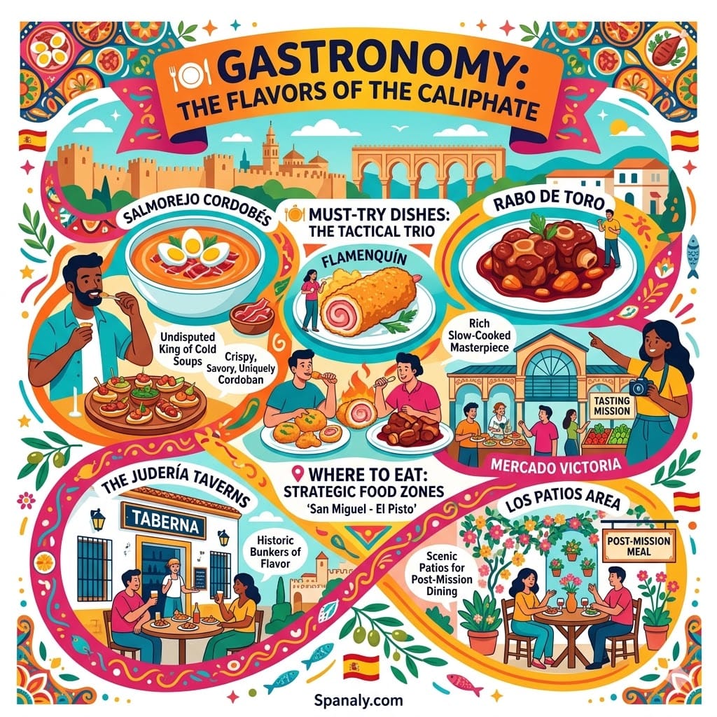 Vibrant organic flow infographic illustrating Córdoba's gastronomy, featuring traditional Salmorejo Cordobés, crispy Flamenquín pork rolls, and slow-cooked Rabo de Toro oxtail stew, alongside Mercado Victoria and Judería tavern dining experiences.