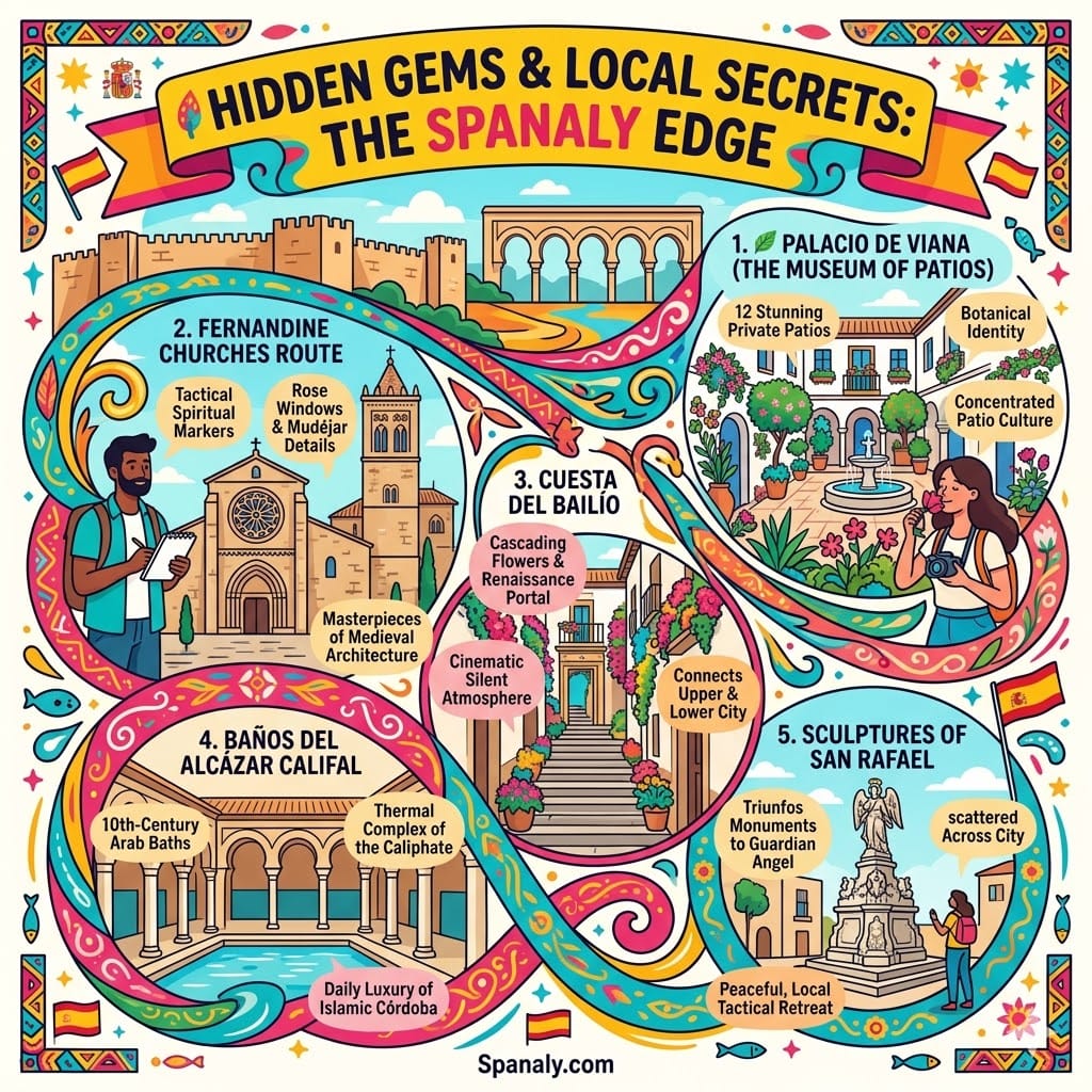 Vibrant organic flow infographic highlighting Córdoba's hidden gems, including Palacio de Viana's private patios, Fernandine churches, Cuesta del Bailío's flowered steps, the Caliphate Arab Baths, and the San Rafael sculptures.