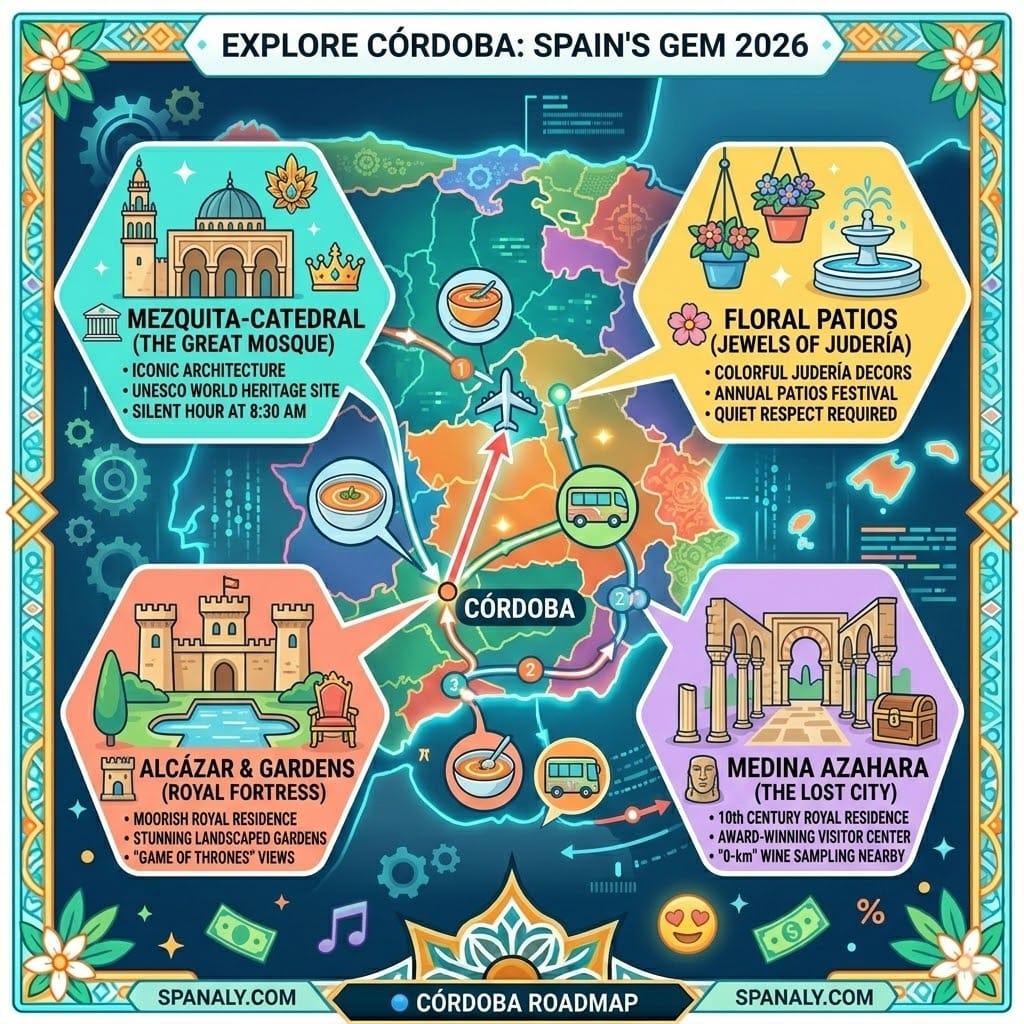 Creative 2026 roadmap map of Córdoba, Spain, highlighting the Mezquita, Alcázar gardens, and Medina Azahara with a colorful travel route - Spanaly.com Official Guide.