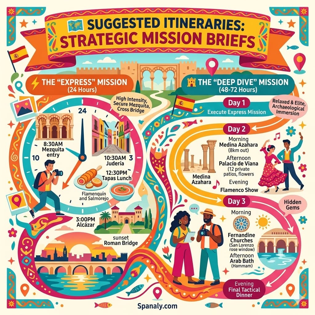 Vibrant organic flow infographic illustrating Córdoba itineraries, featuring the 24-hour Express Mission with Mezquita and Roman Bridge, and the 72-hour Deep Dive mission including Medina Azahara ruins, Palacio de Viana patios, and Flamenco shows.