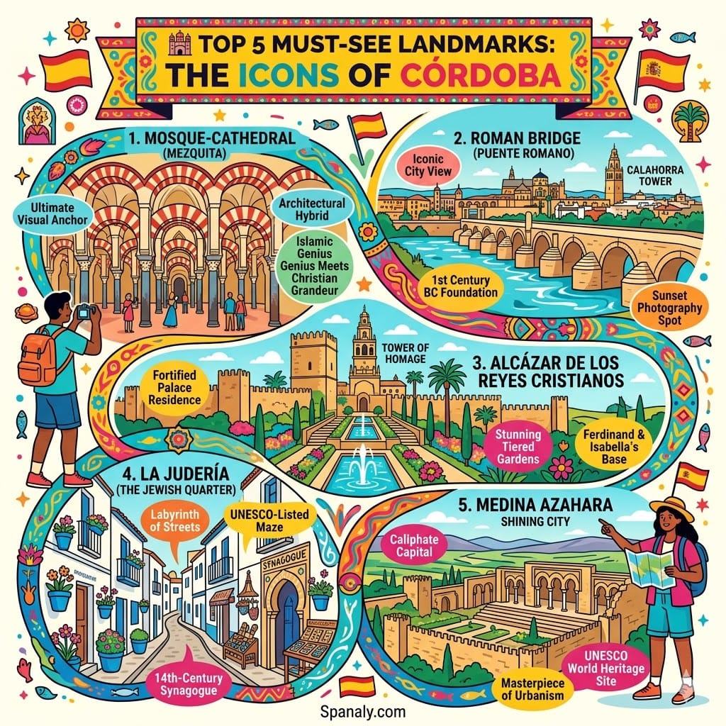 Vibrant organic flow infographic illustrating the top 5 must-see landmarks in Córdoba, featuring the Mosque-Cathedral (Mezquita) arches, the Roman Bridge skyline, the Alcázar palace gardens, the Judería flower alleys, and the Medina Azahara Caliphate ruins, each linked by free-form design.