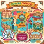 Epic infographic map of Córdoba, Spain, highlighting key attractions with icons: the Mosque-Cathedral arches, Roman Bridge at sunset, Judería flower alleys, Alcázar gardens, and Medina Azahara ruins, all connected by a vibrant organic flow design.