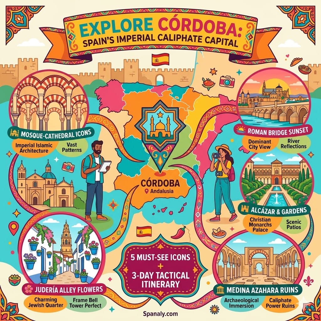 Epic infographic map of Córdoba, Spain, highlighting key attractions with icons: the Mosque-Cathedral arches, Roman Bridge at sunset, Judería flower alleys, Alcázar gardens, and Medina Azahara ruins, all connected by a vibrant organic flow design.