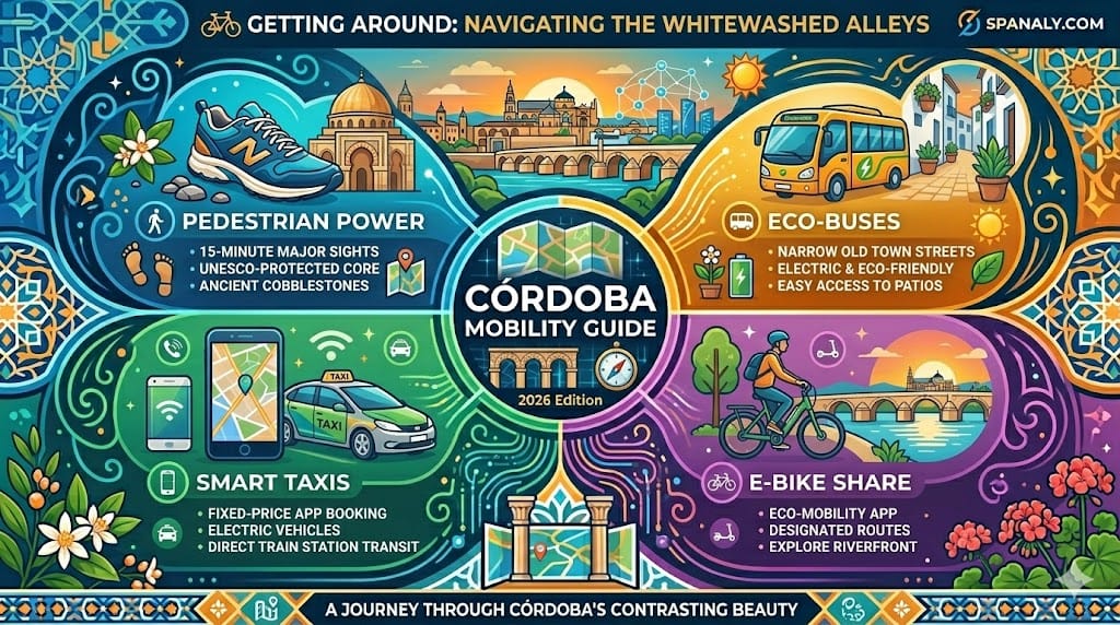 Infographic guide to 2026 transportation in Córdoba including pedestrian paths, eco-buses, smart taxis, and e-bike shares - Spanaly.com