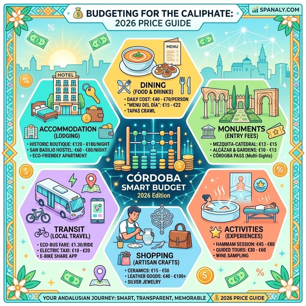 Clear infographic showing 2026 travel costs in Córdoba including accommodation, dining, monuments, and transit prices - Spanaly.com Finance Guide.