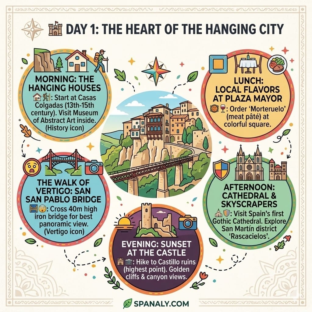 Vibrant 1024x1024 infographic map of Cuenca Day 1 itinerary, showing the Hanging Houses, San Pablo Bridge, and Plaza Mayor with colorful icons.