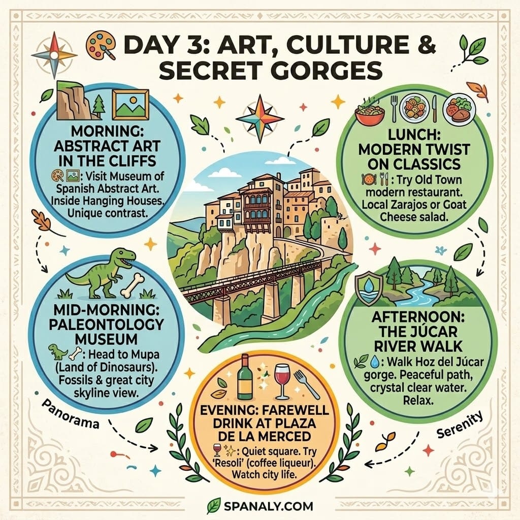 Vibrant 1024x1024 infographic map for Cuenca Day 3, showing the Abstract Art Museum, Paleontology Museum, and Júcar river walk.