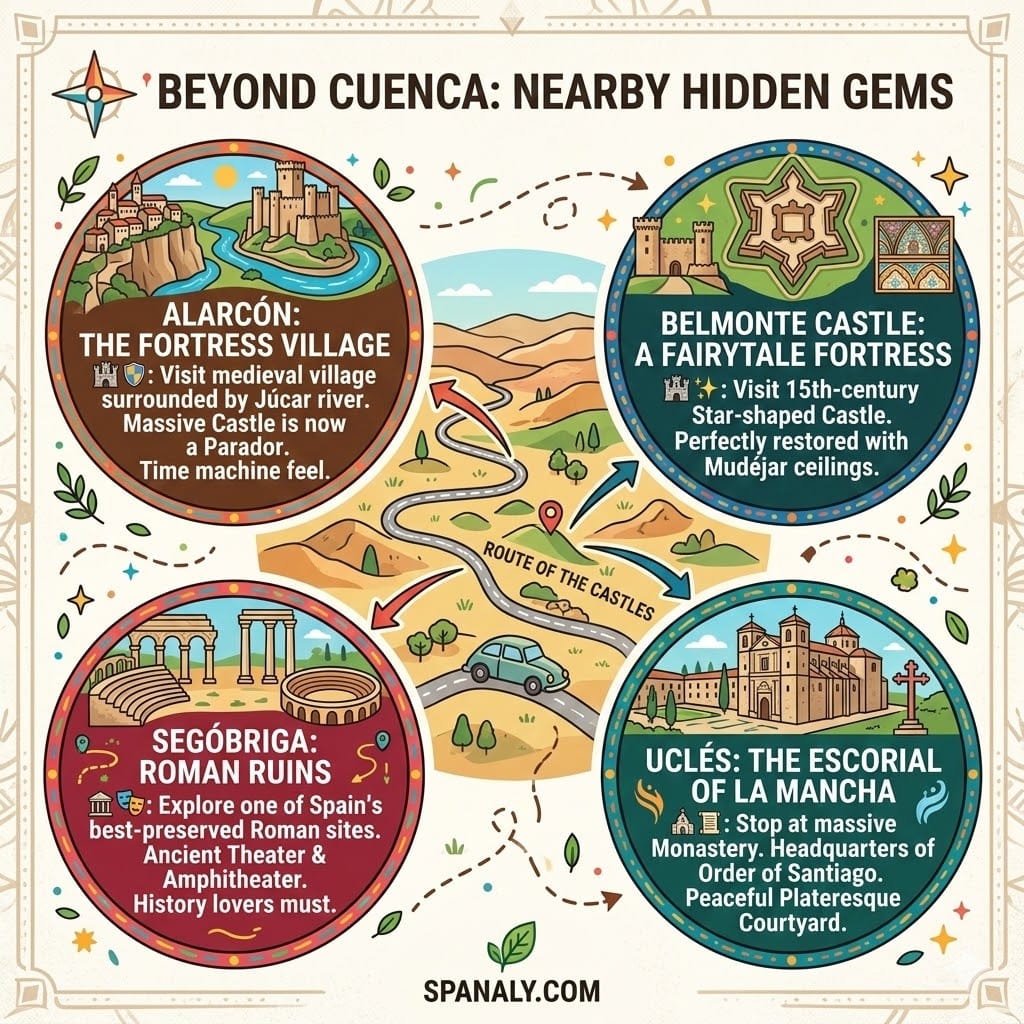 Vibrant 1024x1024 infographic map showing nearby attractions to Cuenca Spain, including Alarcón fortress, Segóbriga Roman ruins, and Belmonte Castle.