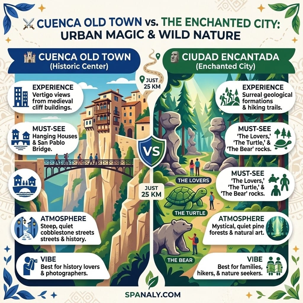 Epic 1024x1024 split infographic map comparing Cuenca Spain Old Town vs Ciudad Encantada. Left side shows Hanging Houses, San Pablo Bridge, and history. Right side shows rock formations, pine forests, and nature.
