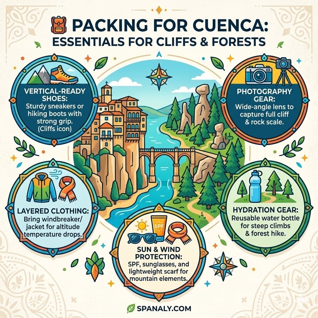 Vibrant 1024x1024 infographic illustrating 5 travel essentials for Cuenca Spain, featuring icons for hiking shoes, camera gear, and layered clothing.