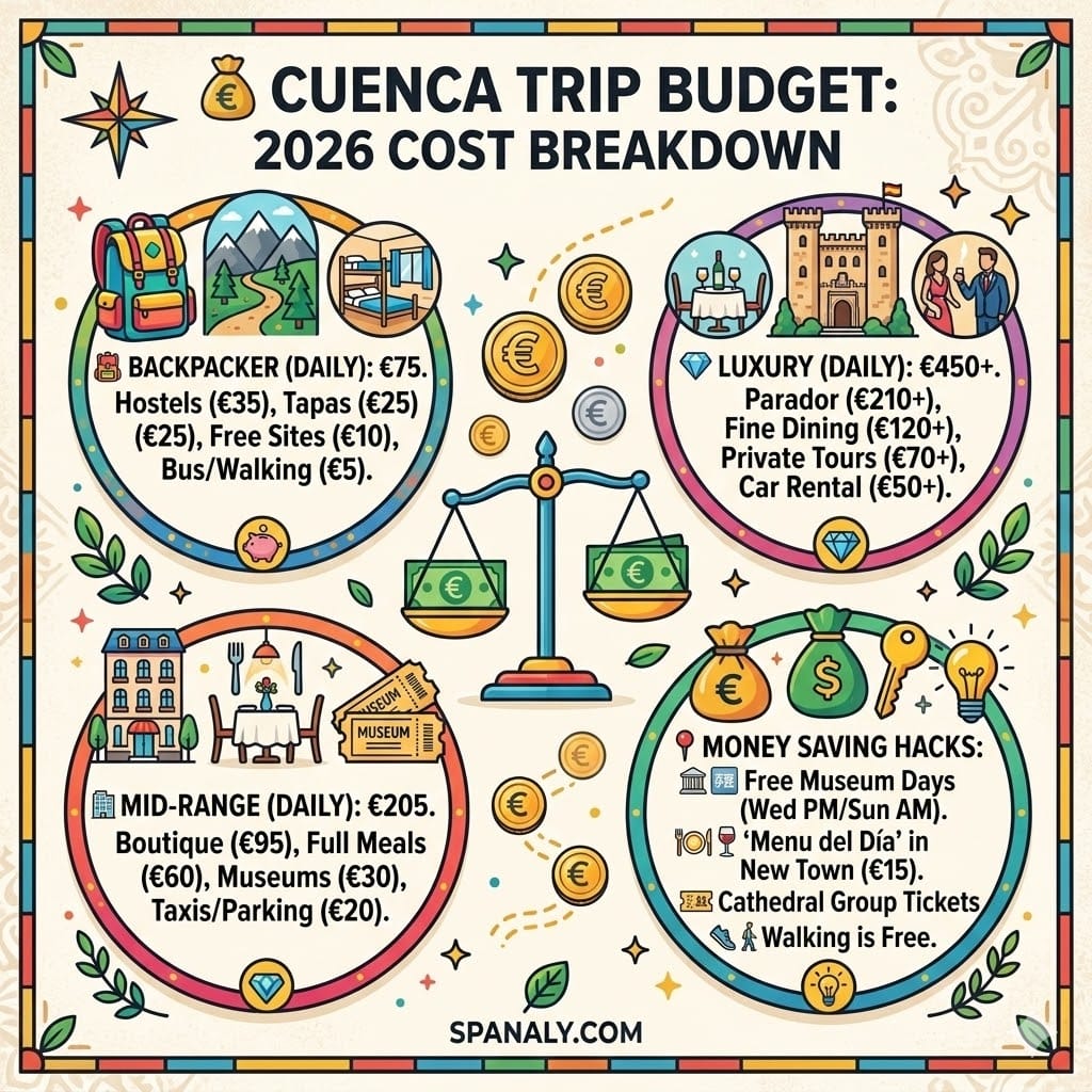Colorful 1024x1024 infographic breakdown of Cuenca trip costs for 2026, comparing backpacker, mid-range, and luxury daily budgets with money-saving hacks.