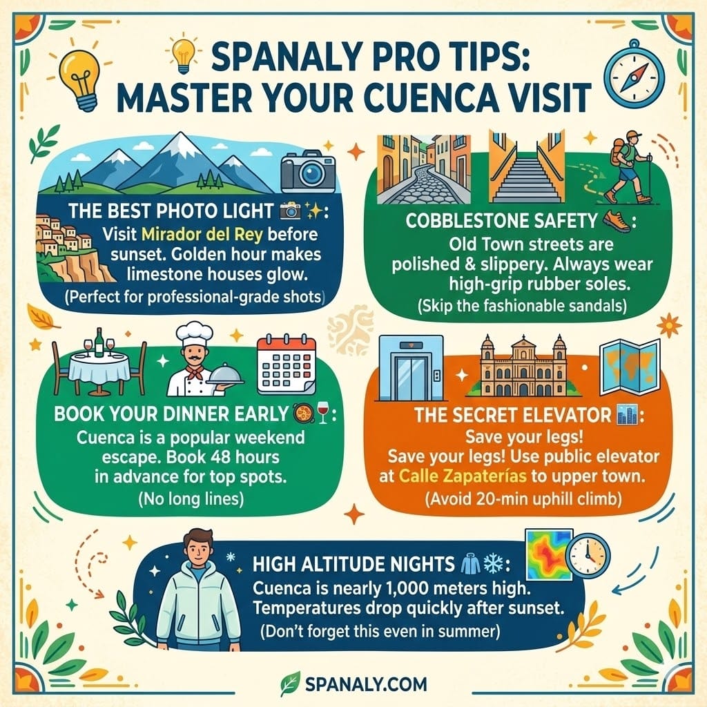 A modern 1024x1024 infographic featuring 5 pro tips for visiting Cuenca, including best photo spots, footwear safety, and using the secret public elevator.