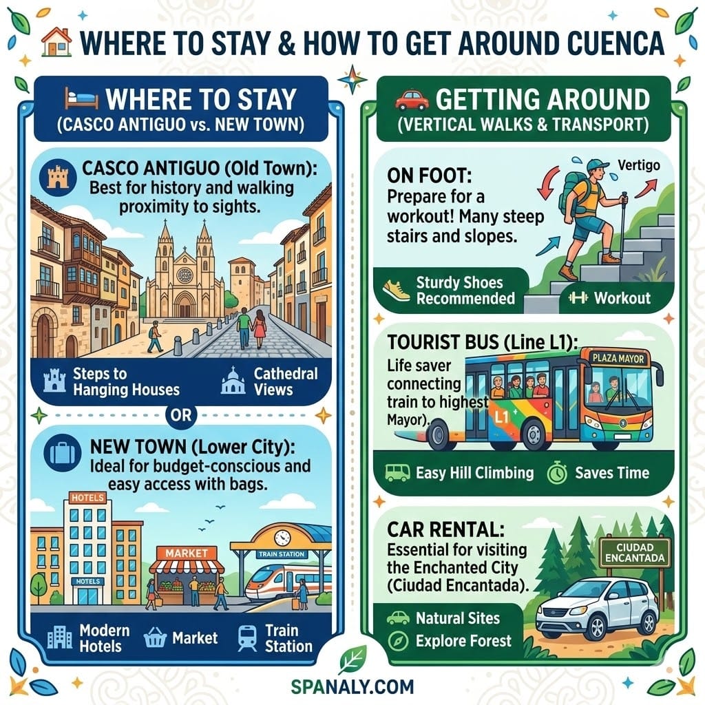 Detailed 1024x1024 infographic comparing staying in Cuenca Old Town vs New Town, with icons for the tourist bus, walking trails, and car rentals.