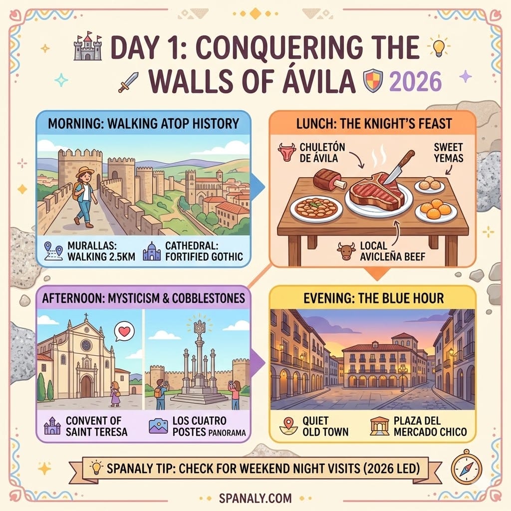 Square 1024x1024 infographic of a 1-day itinerary in Ávila, Spain, featuring walking the medieval walls, eating Chuletón steak, and sunset at Los Cuatro Postes.