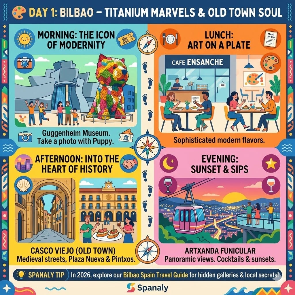 A colorful 4-panel infographic for a 1-day Bilbao itinerary. Includes the Guggenheim Museum with Puppy statue, a modern cafe in Ensanche, the medieval streets of Casco Viejo, and the Artxanda Funicular at sunset with a Spanaly tip.