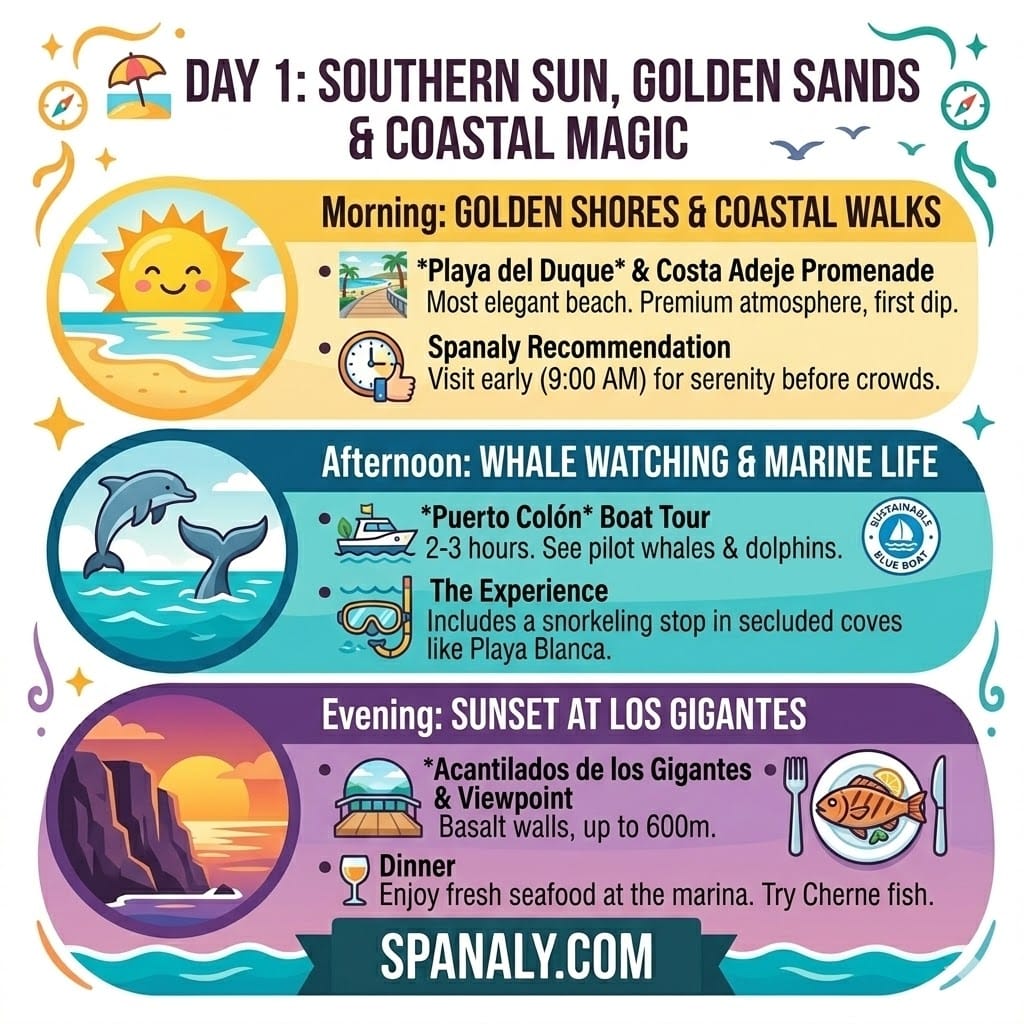 A colorful 1024x1024 infographic for Day 1 of a Tenerife itinerary, featuring Playa del Duque, whale watching at Puerto Colón, and sunset at Los Gigantes cliffs.