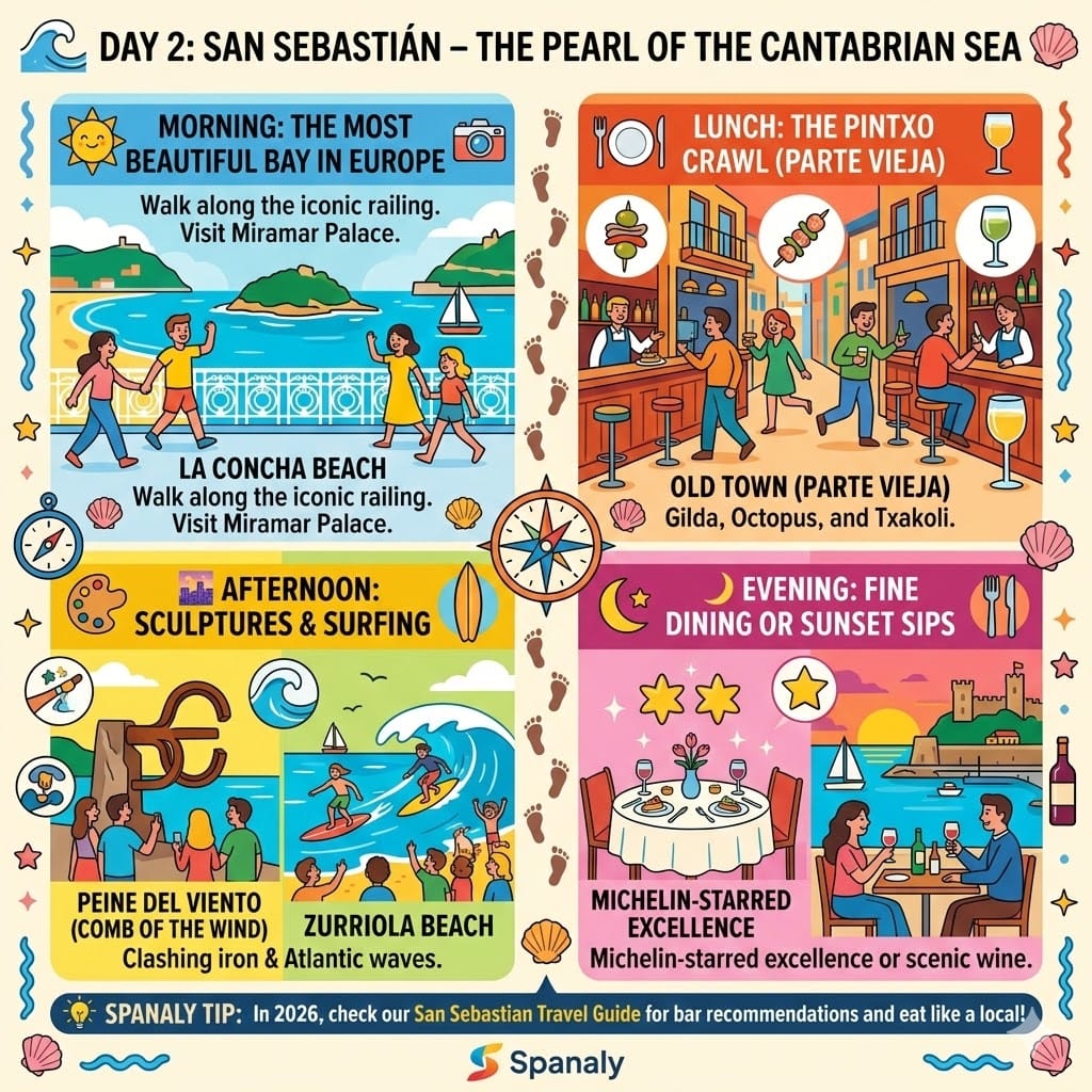 A vibrant 4-panel infographic for a 1-day San Sebastian itinerary. Highlights include walking along La Concha Beach, a Pintxo crawl in the Old Town (Parte Vieja), the Peine del Viento sculptures with surfers at Zurriola, and Michelin-starred dining at sunset. Includes a Spanaly tip.