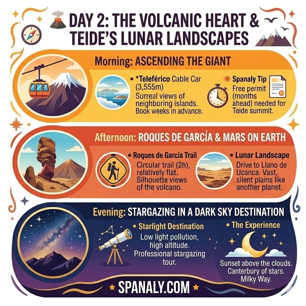 A colorful 1024x1024 infographic for Day 2 of a Tenerife itinerary, featuring the Mount Teide cable car, Roques de García rock formations, and stargazing in the volcanic park.