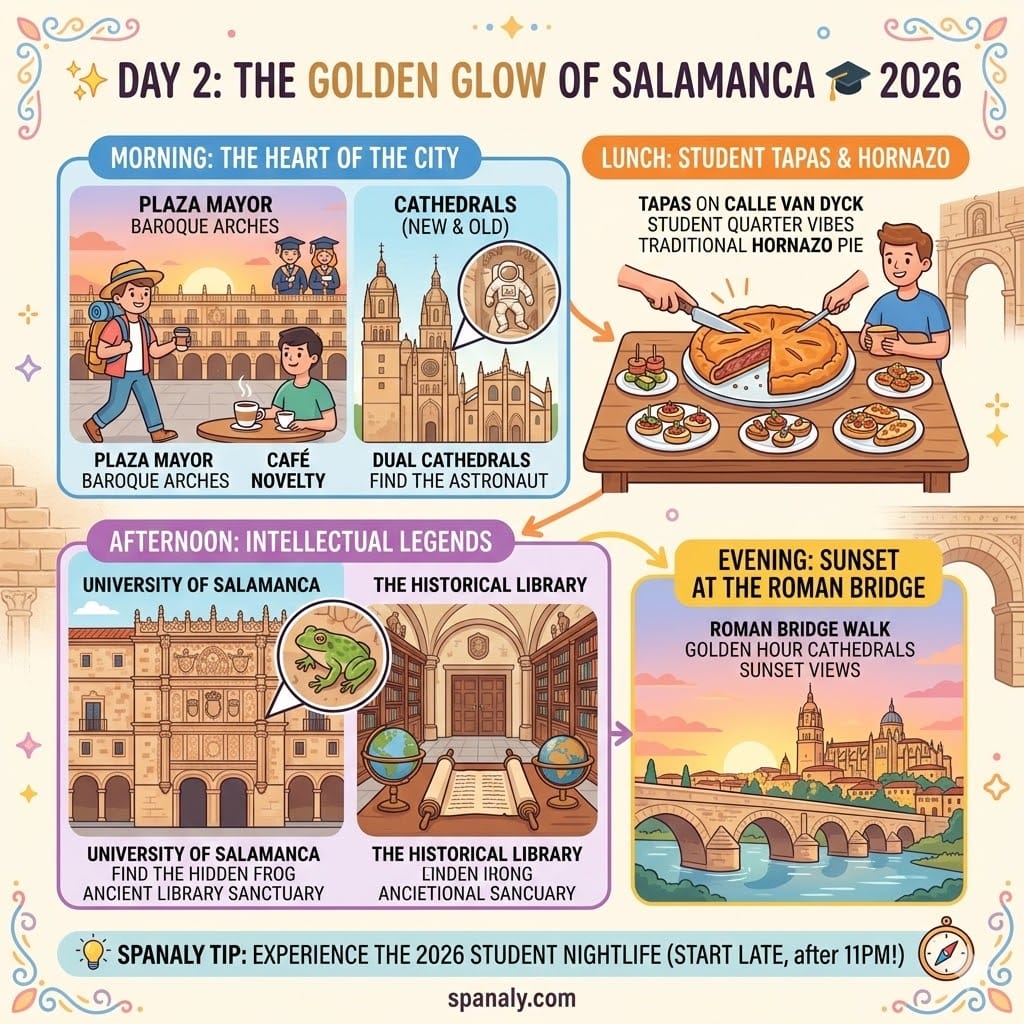 Square 1024x1024 infographic of a 1-day itinerary in Salamanca, Spain, featuring Plaza Mayor, the University frog, Hornazo meat pie, and sunset at the Roman Bridge.