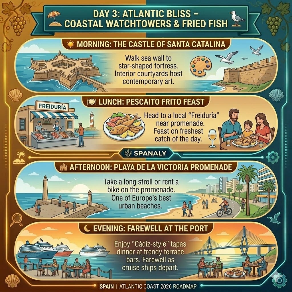 Infographic of Day 3 in Cádiz: Santa Catalina castle, Pescaito Frito lunch, Playa de la Victoria promenade, and Port of Cádiz with Spanaly.com logo.