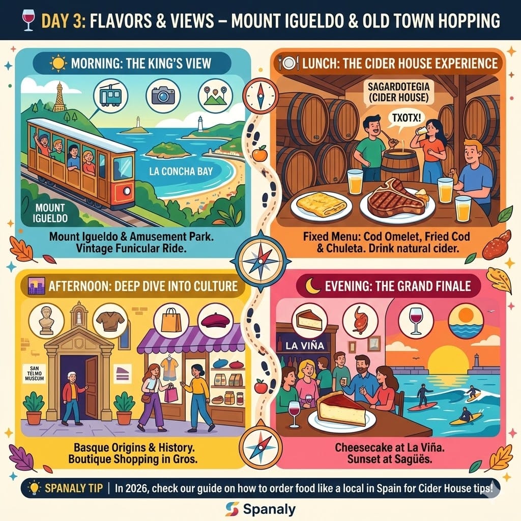 A colorful 4-panel infographic for Day 3 in the Basque Country. Features the Mount Igueldo funicular with bay views, a traditional Cider House (Sagardotegia) with a steak dinner, the San Telmo Museum and shopping in Gros, and the famous La Viña cheesecake at sunset. Includes a Spanaly tip.
