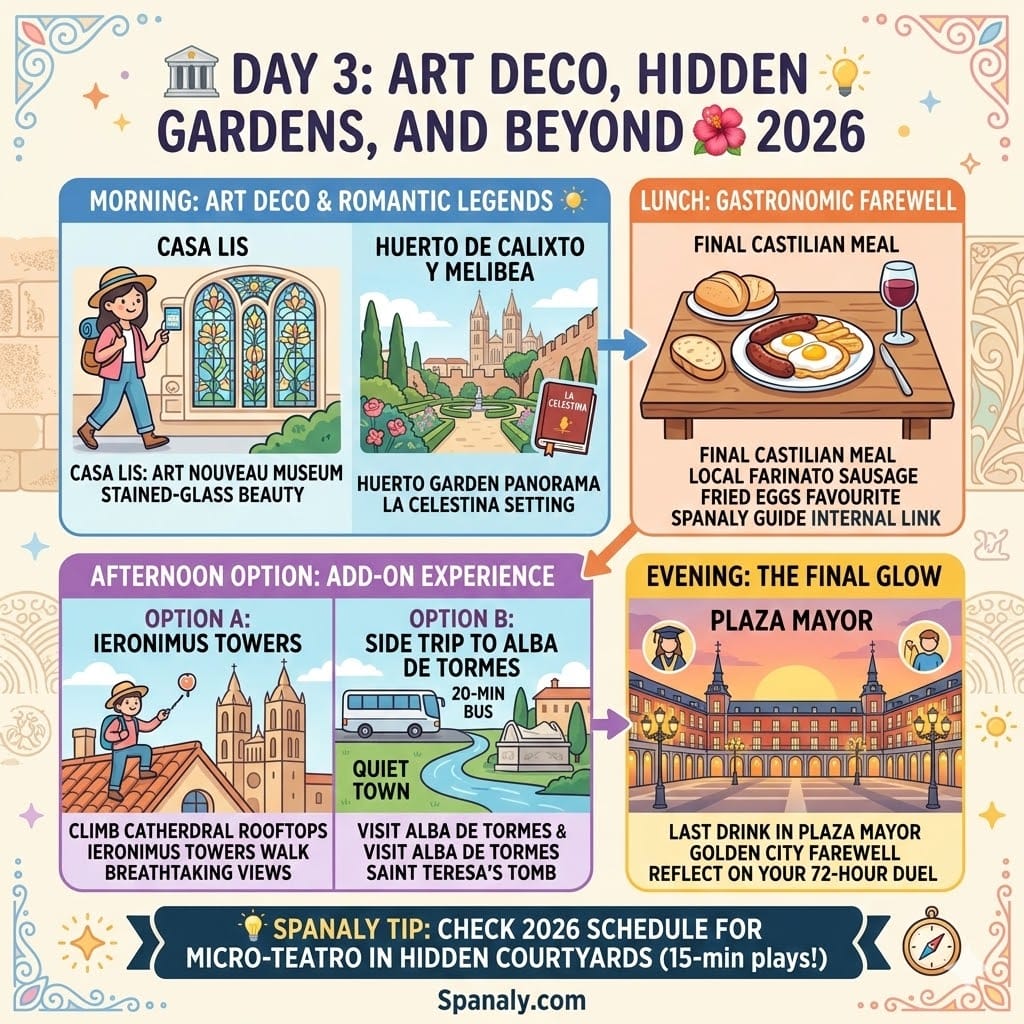 Square 1024x1024 infographic for day 3 in Salamanca, featuring Casa Lis museum, Calixto garden, Ieronimus towers, and a side trip to Alba de Tormes.