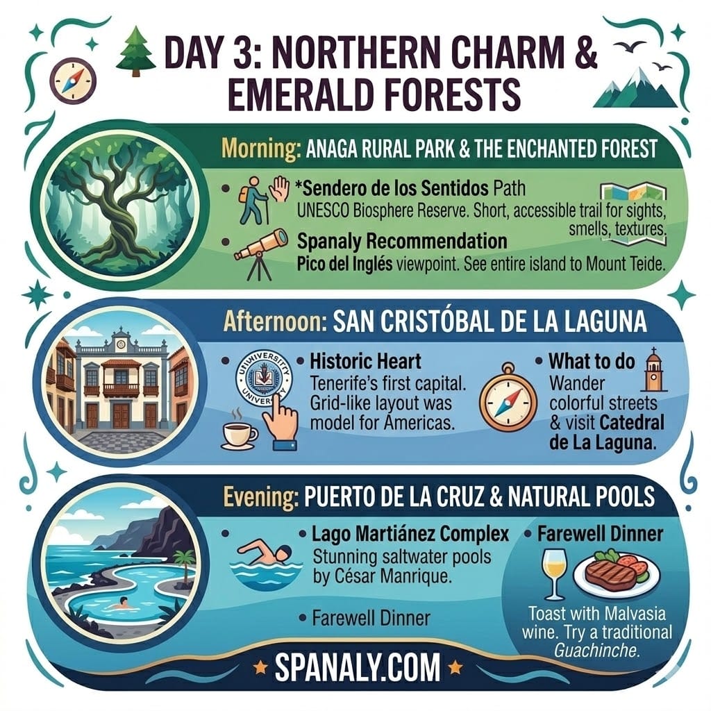 A colorful 1024x1024 infographic for Day 3 of a Tenerife itinerary, featuring Anaga Rural Park forests, the historic streets of La Laguna, and the Lago Martiánez pools in Puerto de la Cruz.