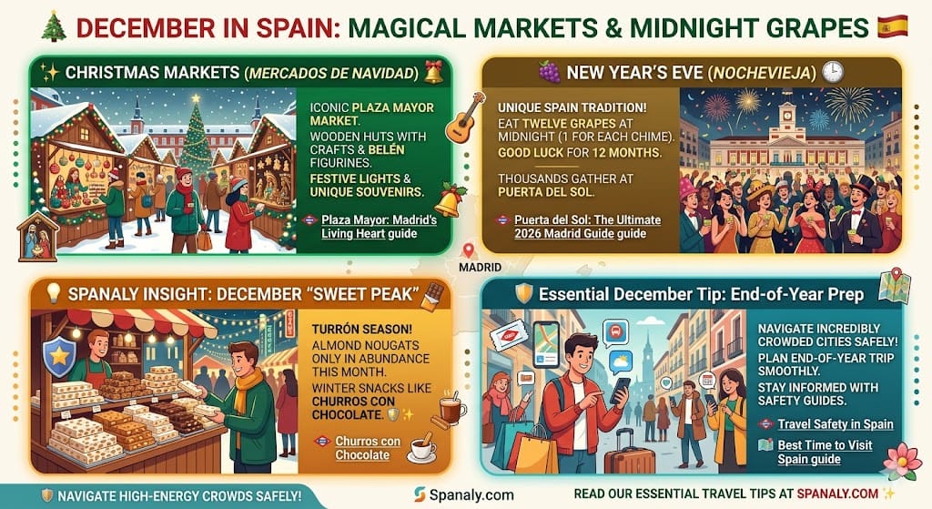 A vibrant colorful infographic titled '🎄 DECEMBER IN SPAIN: MAGICAL MARKETS & MIDNIGHT GRAPES'. It features visual panels illustrating the iconic Christmas market in Plaza Mayor, Madrid, filled with wooden huts, festive lights, and Nativity figurines, and a joyful New Year's Eve celebration at Puerta del Sol with a crowd eating twelve grapes at midnight. Includes Spanaly Insights about 'Turrón' almond nougats and safety tips for crowded cities, with internal links to Plaza Mayor, Puerta del Sol, Churros con Chocolate, Travel Safety, and Best Time to Visit Spain guides. Modern flat vector style. Spanaly.com