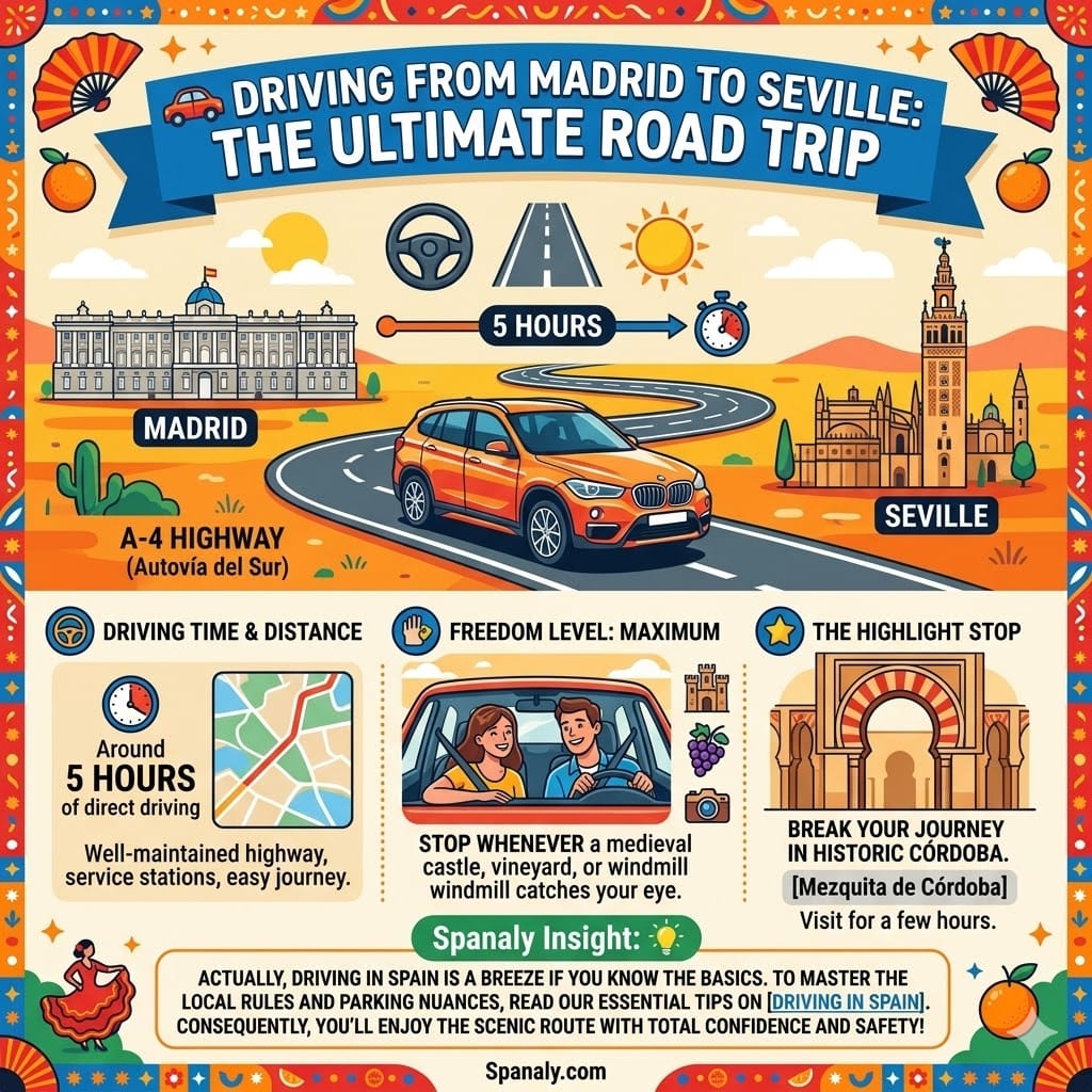 An infographic about driving from Madrid to Seville via the A-4 highway, featuring key stops like Consuegra and Córdoba, travel time, and road trip tips.