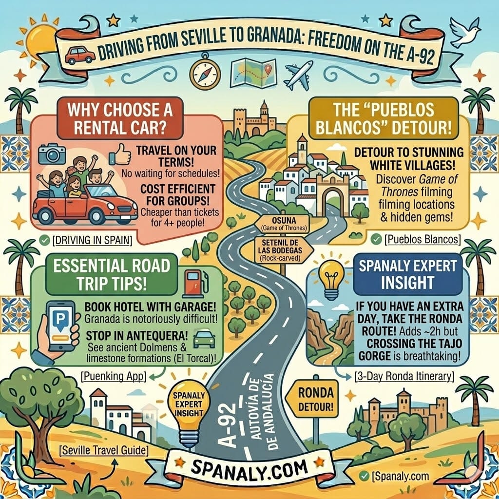 Road trip infographic for driving from Seville to Granada via A-92 highway and White Villages.