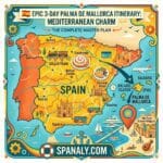 Epic 3-day Palma de Mallorca itinerary infographic map by Spanaly.com, featuring top landmarks like La Seu Cathedral, Bellver Castle, and Soller Train with travel icons.