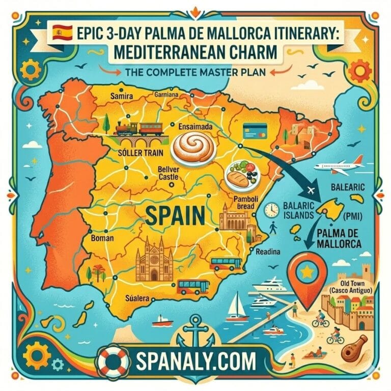 Epic 3-day Palma de Mallorca itinerary infographic map by Spanaly.com, featuring top landmarks like La Seu Cathedral, Bellver Castle, and Soller Train with travel icons.