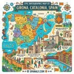 A colorful and vibrant infographic map of Girona, Catalonia, featuring a map of Spain, Girona Cathedral, Jewish Quarter, Onyar River houses, and the Eiffel Bridge.
