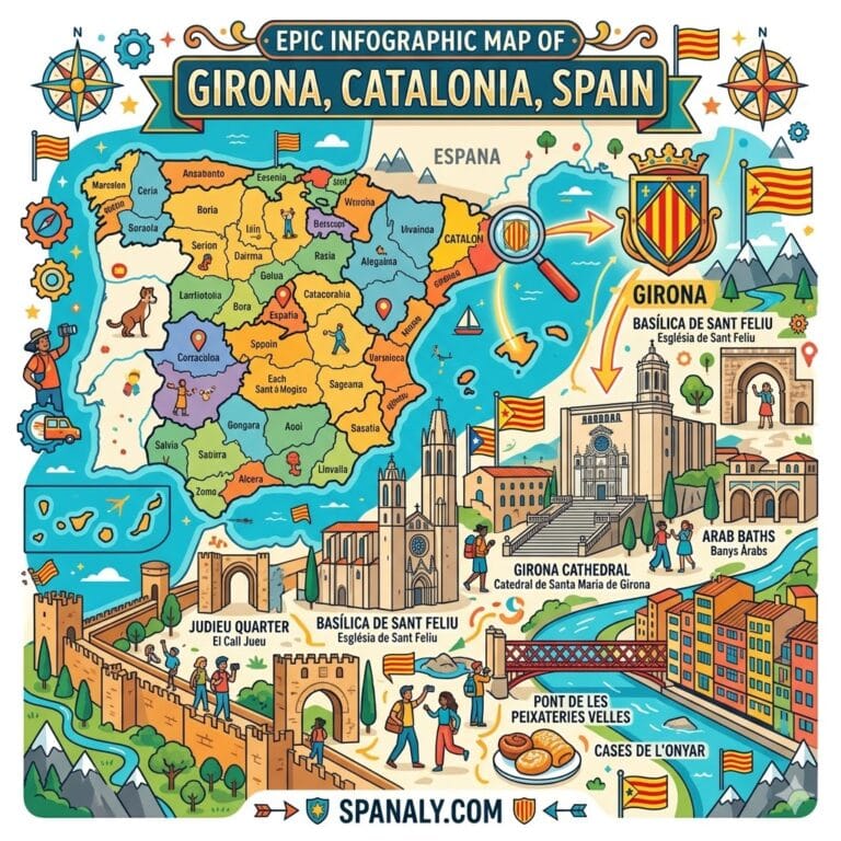 A colorful and vibrant infographic map of Girona, Catalonia, featuring a map of Spain, Girona Cathedral, Jewish Quarter, Onyar River houses, and the Eiffel Bridge.