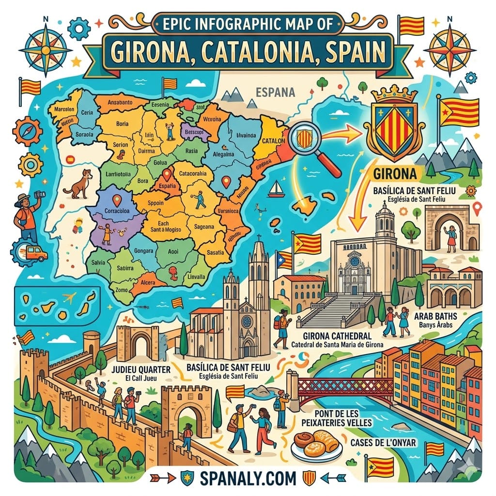 A colorful and vibrant infographic map of Girona, Catalonia, featuring a map of Spain, Girona Cathedral, Jewish Quarter, Onyar River houses, and the Eiffel Bridge.