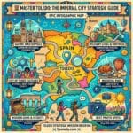 An epic infographic map of Spain and Toledo in a vibrant colorful vector flat style, featuring a detailed map of Spain with a pin on Toledo, and striking icons for Santa María Cathedral, the Alcázar fortress, the 'Three Cultures' (Islamic, Jewish, Christian) legacy, traditional game meat and marzipan gastronomy, hidden underground gems, and golden hour photo spots.