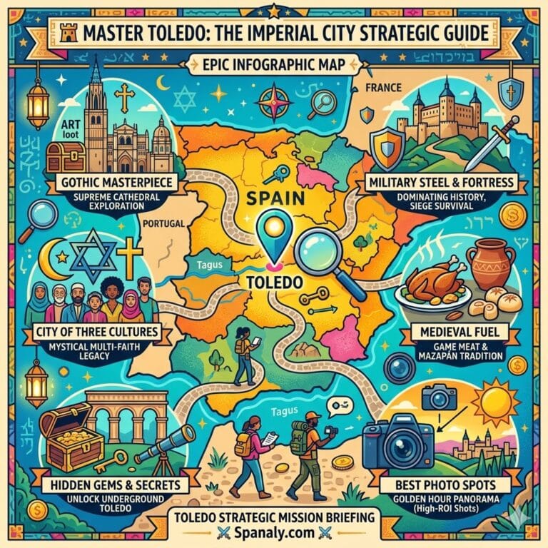 An epic infographic map of Spain and Toledo in a vibrant colorful vector flat style, featuring a detailed map of Spain with a pin on Toledo, and striking icons for Santa María Cathedral, the Alcázar fortress, the 'Three Cultures' (Islamic, Jewish, Christian) legacy, traditional game meat and marzipan gastronomy, hidden underground gems, and golden hour photo spots.